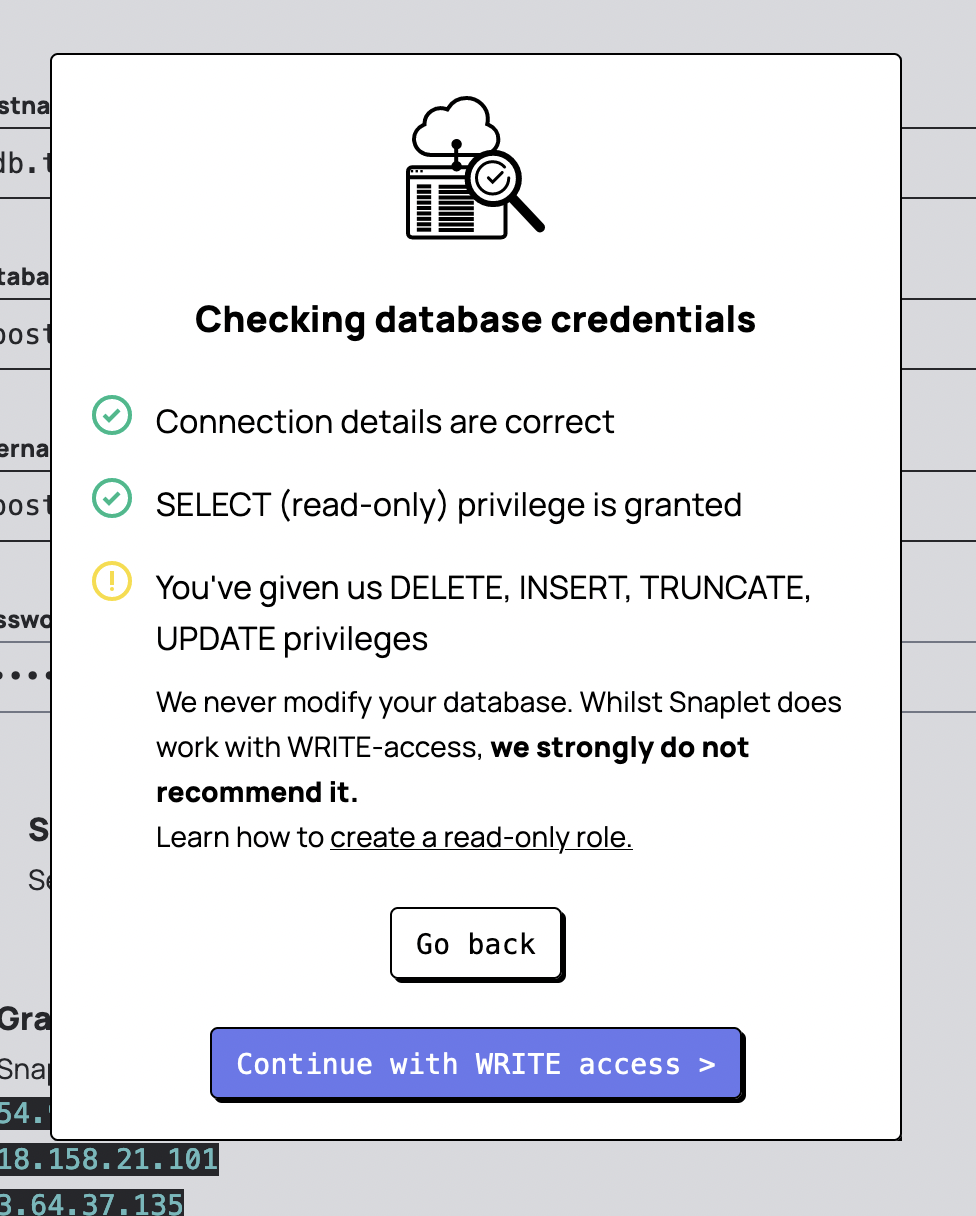 Snaplet onboarding checking db credentials
