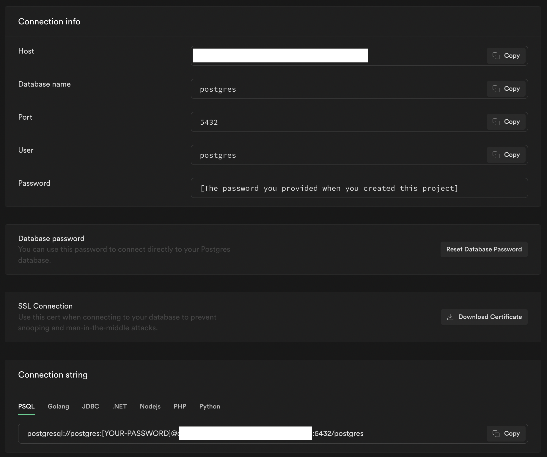 Supabase console connection info